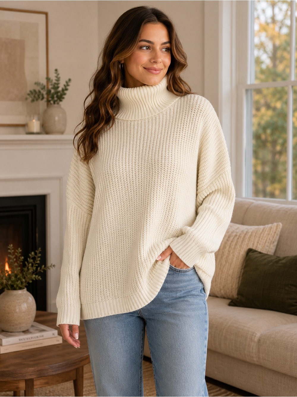 Michael Kors Cream Chunky Turtleneck Sweater Cozy Oversized Knit Pullover. Ptp27